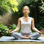 **A person meditating outdoors in a peaceful garden. Focus on the serene expression and the calm environment.** (This reflects managing stress through meditation/mindfulness)